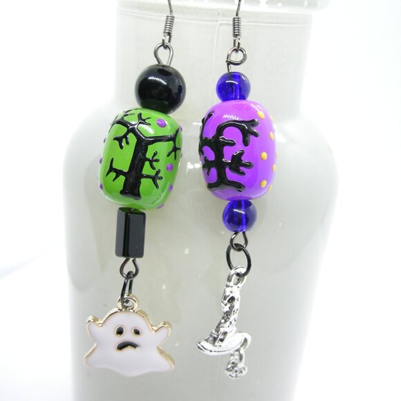 Handmade Jewelry - Spooky Trees lampwork earrings - purple, green or mix & match